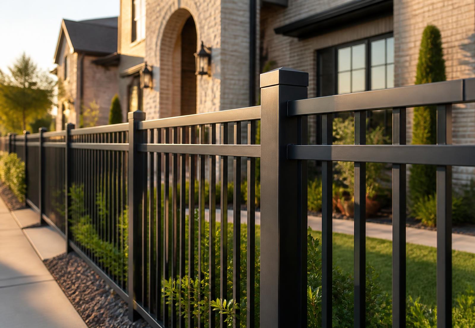 Custom black steel picket fence installed in front of a Dallas home